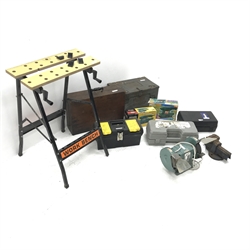 A quantity of tools including Nutool grinder, bench vice, trolley jack, folding work bench etc
