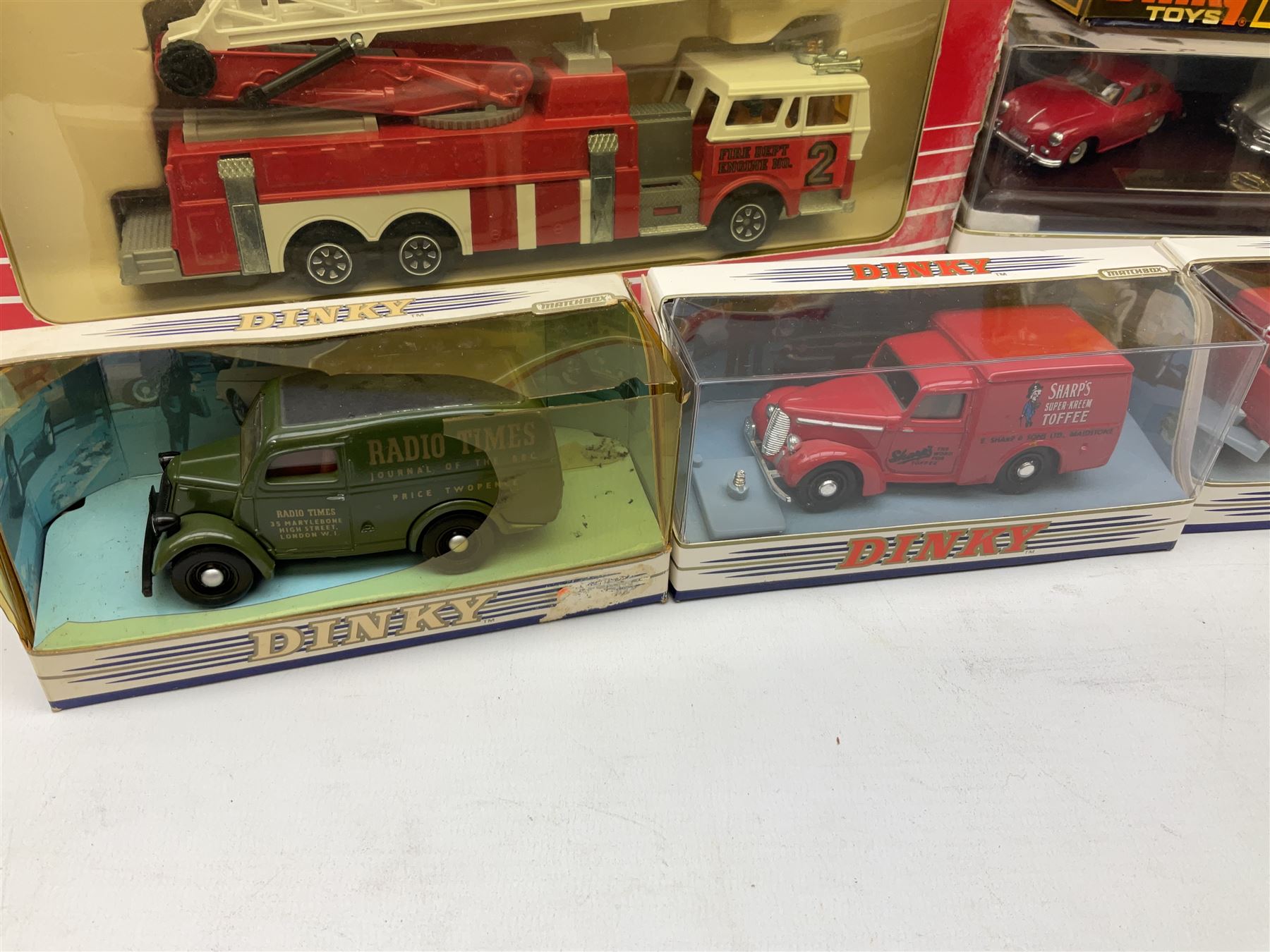 Dinky - Road Grader No.963; with blister box; Majorette Fire Engine No.3096; in window box; seven Matchbox 'Dinky Collection' die-cast models; all boxed; and American Popular Imports Inc. moulded resin fire engine; boxed (10)