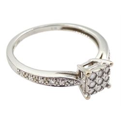 9ct white gold pave set diamond ring, with diamond set shoulders, stamped 375