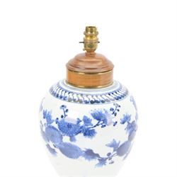 20th century Chinese blue and white vase converted to a table lamp, decorated with birds amongst flowering branches, H40cm 