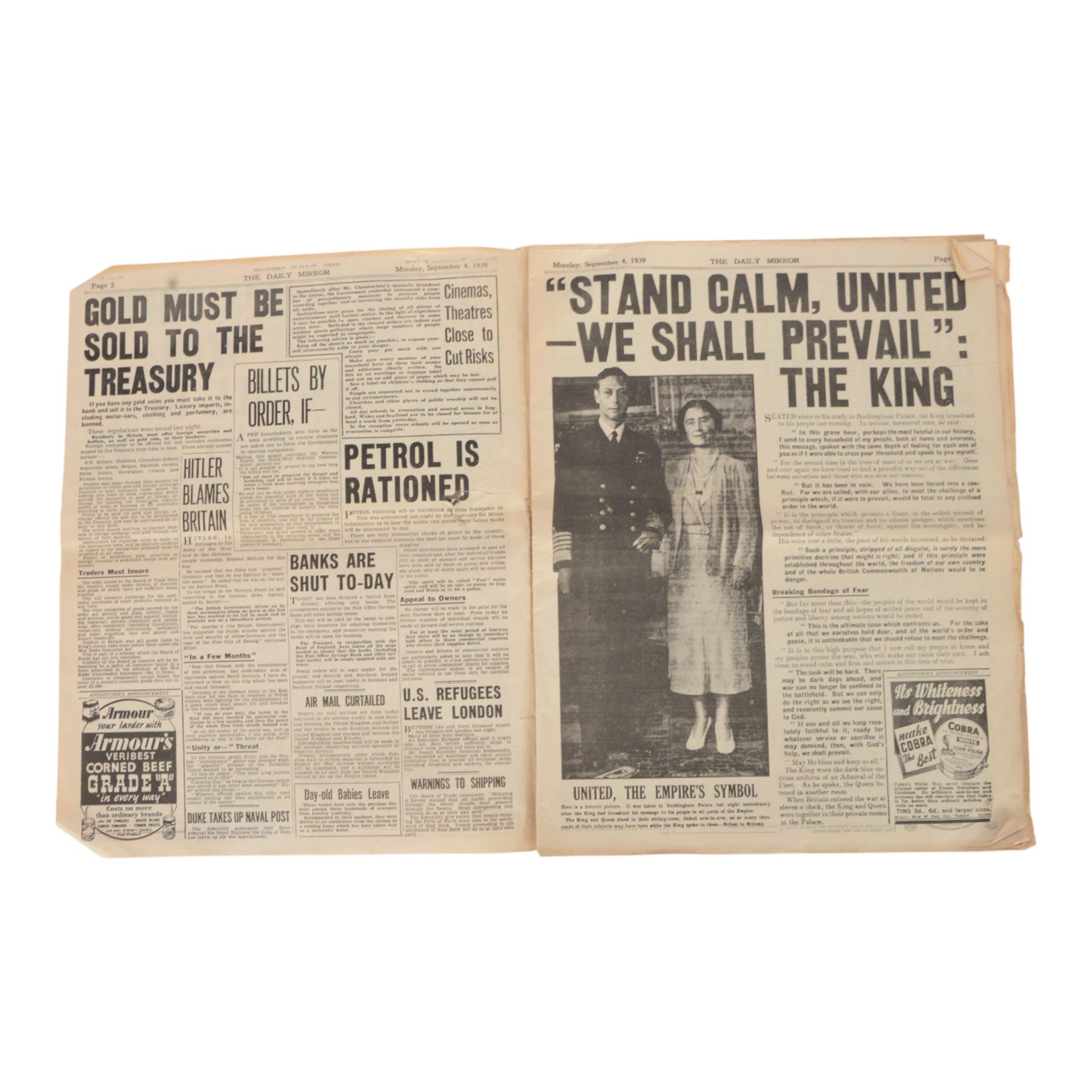 Daily Mirror 'First day of War' newspaper Monday 4th September 1939
