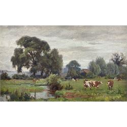 Walter James Roberts (British 1907-?): Cows Grazing Beside Stream, oil on canvas board signed 19cm x 29cm