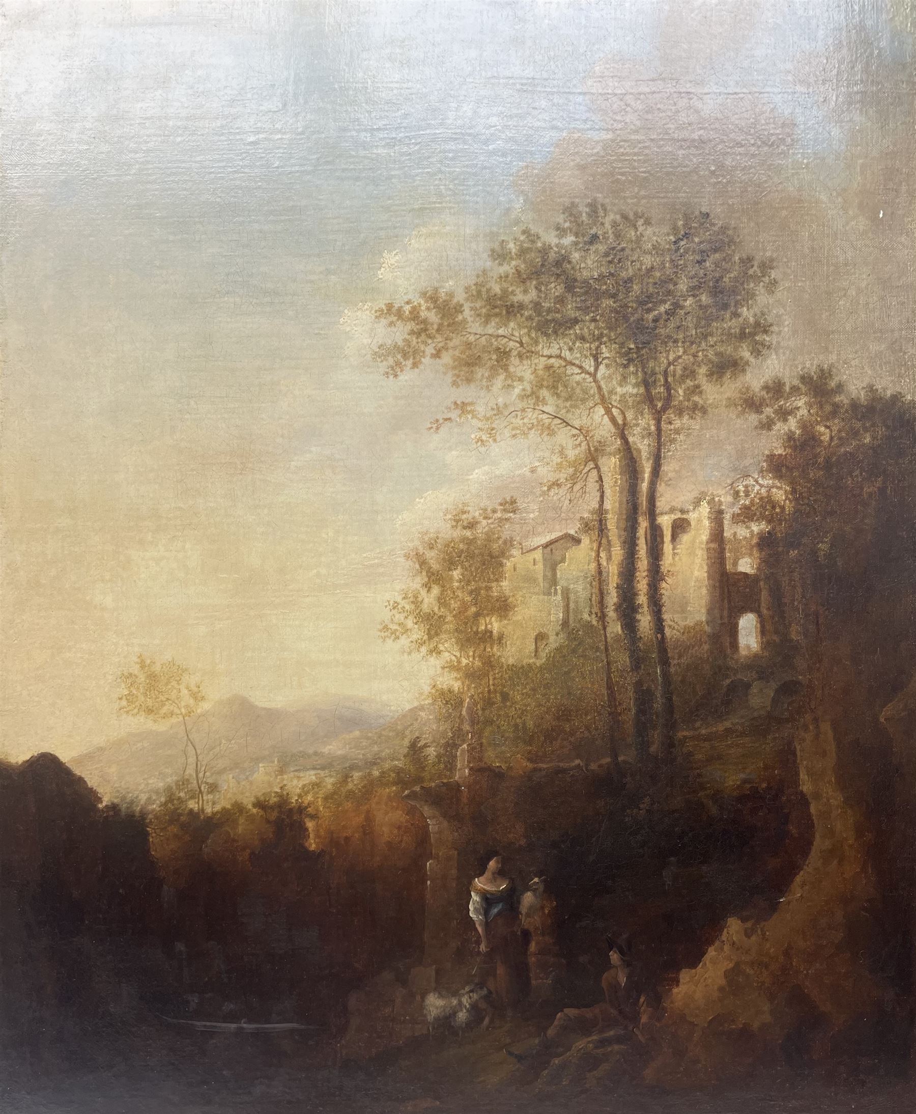 Jan Dircksz Both (Dutch 1615/18-1652) and Andries Both (Dutch 1612/1613-1642): Shepherd and Wife within an Italian Landscape, oil on canvas attributed and titled on the mount 60cm x 50cm 
Provenance: previously owned by the Countess Michalowski, Cork 
Notes: this picture captures the typical golden Italian light and shadowy foreground that Both highlighted in many of his works from the 1630s and early 40s. It is likely the figures were executed by his elder brother Andries, who drowned in Venice 1642.