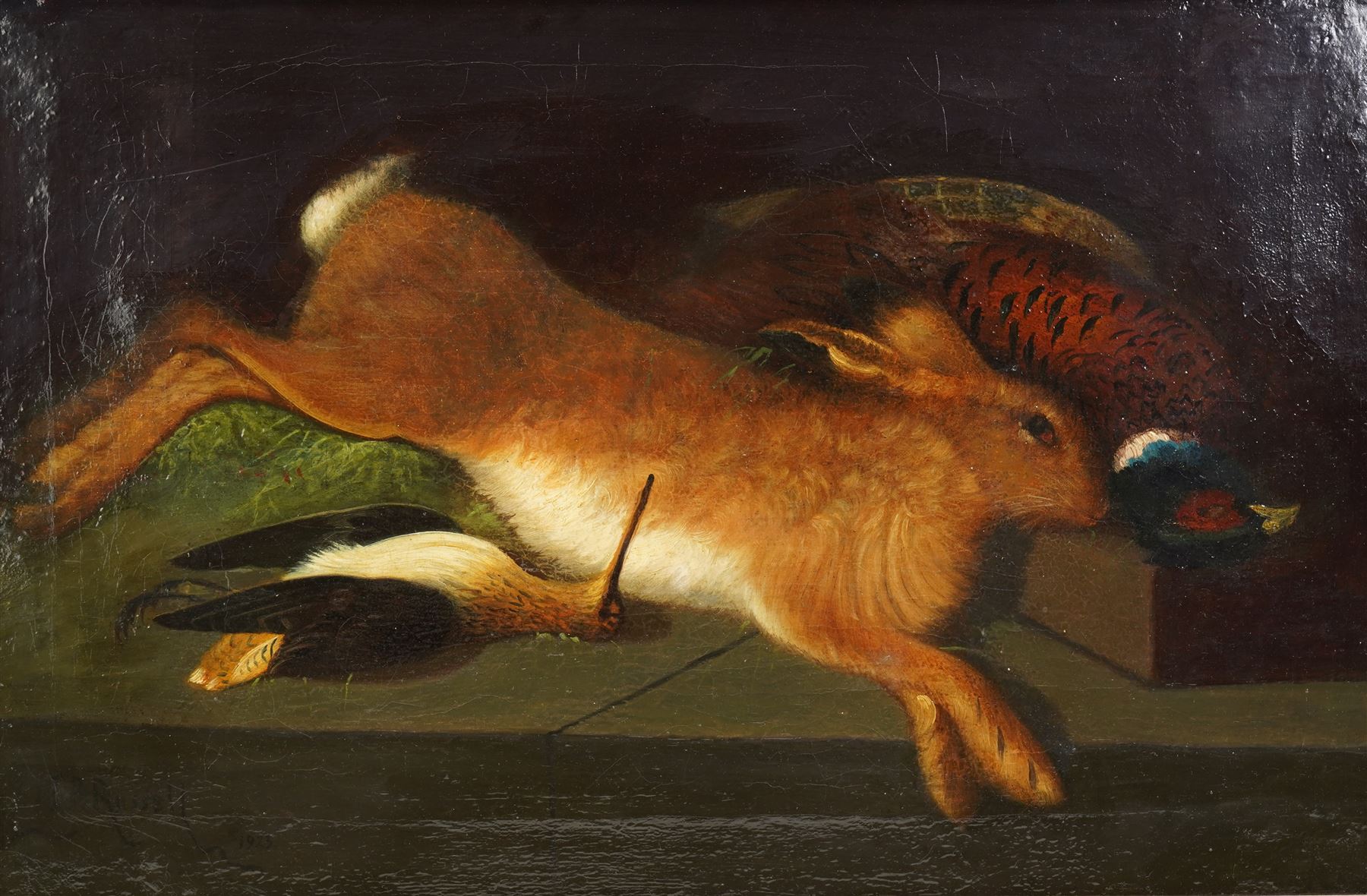 James B Russell (Scottish 1867-1956): Still Life of 'A Good Basket of Spey Trout' and 'Hare Pheasant and Snipe', pair oils on canvas signed, the latter dated 1923, titled verso 39cm x 59cm (2)
Notes: James B Russell was the son of the artist John Bucknell Russell (Scottish 1820-1893), both painted under the signature J.B. Russell, with similar styles and subject matters; as a result the two are often confused. 
