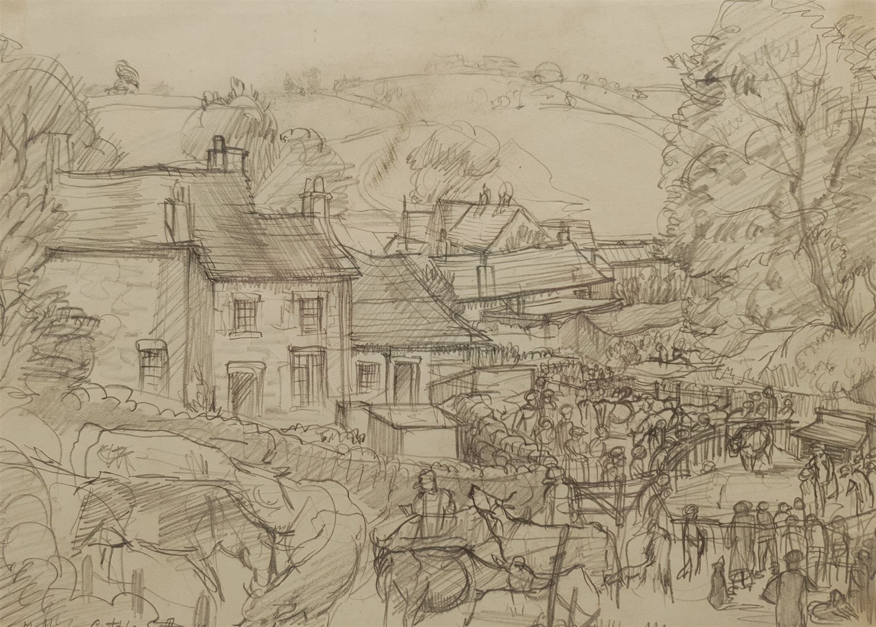 Constance Anne Parker (British 1921-2016): 'Malham Cattle Sale', pencil unsigned titled and dated '49 in the artist's hand 19cm x 27cm 
Notes: this is reminiscent of the pencil sketches of Fred Lawson, and it seems probable the two met at some point in the Yorkshire Dales.