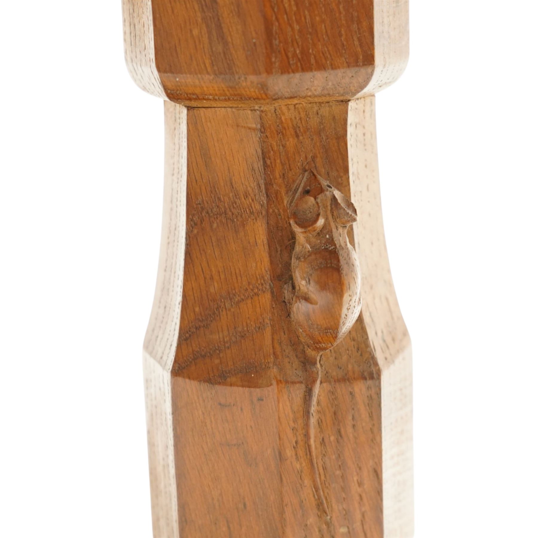 Mouseman - adzed oak rectangular refectory style coffee table, with rectangular adzed top, raised on octagonal supports united by a stretcher, with carved mouse signature, by the workshop of Robert Thompson of Kilburn