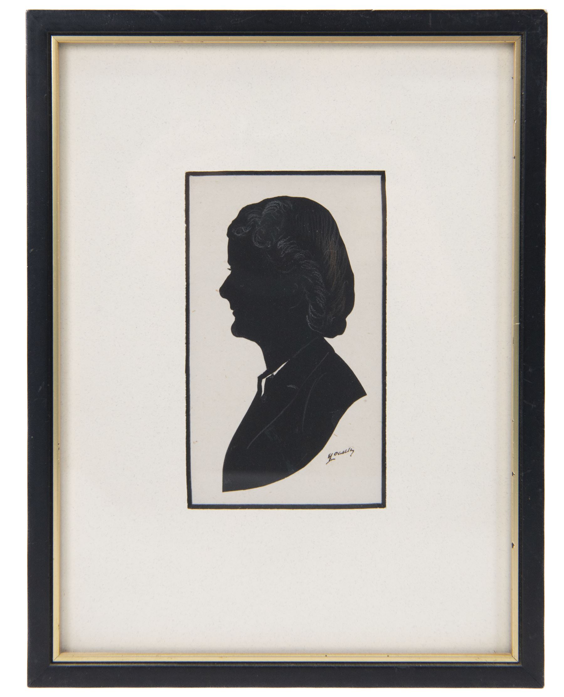 Capt. Harry Lawrence Oakley (British 1882-1960): Mother Father and Two Children, set of four family watercolour silhouettes highlighted in gold pen and pencil signed 11cm x 6cm (4)
Notes: Oakley born in Poppleton York, the son of a chemist who opened shops on Coney Street and Fulford Road. He showed talent for drawing and silhouette cutting from an early age and went on to study art at York School of Science and Art, Leeds School of Art and then the Royal College of Art in London where he was awarded the ARCA diploma in 1908.
He designed the 'Think' poster in collaboration with the North Eastern Railway company in York which then became an official war poster and was used throughout Britain, Australia and Canada. Oakley’s figure of the advancing soldier became an iconic image and was adapted and used in many forms. This success led to further commissions, including the “Remember” poster which was used to recruit men for the Royal Navy.
Oakley served in the Green Howards during the the First War. Each year, between 1920 and 1958, holidaymakers walking along the pier at Llandudno North Wales, could have stopped at a booth to have their silhouette portrait painted or cut by Mr H. L. Oakley, otherwise known as the 'Man with the Magic Scissors'.  