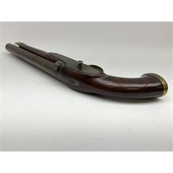 Early 19th century percussion cap cavalry pistol with round 23cm unsighted barrel, borderline engraved action lock (lacking hammer), walnut full stock with heavy brass furniture, iron lanyard ring to the flat butt cap and long flat retaining spring below fore-end for captive ramrod (missing) L41cm overall