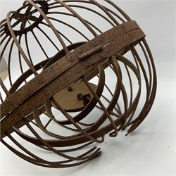 19th century ship's steel hanging gimbal mounted oil lamp of spherical cage form with twin burner to the centre D39cm
