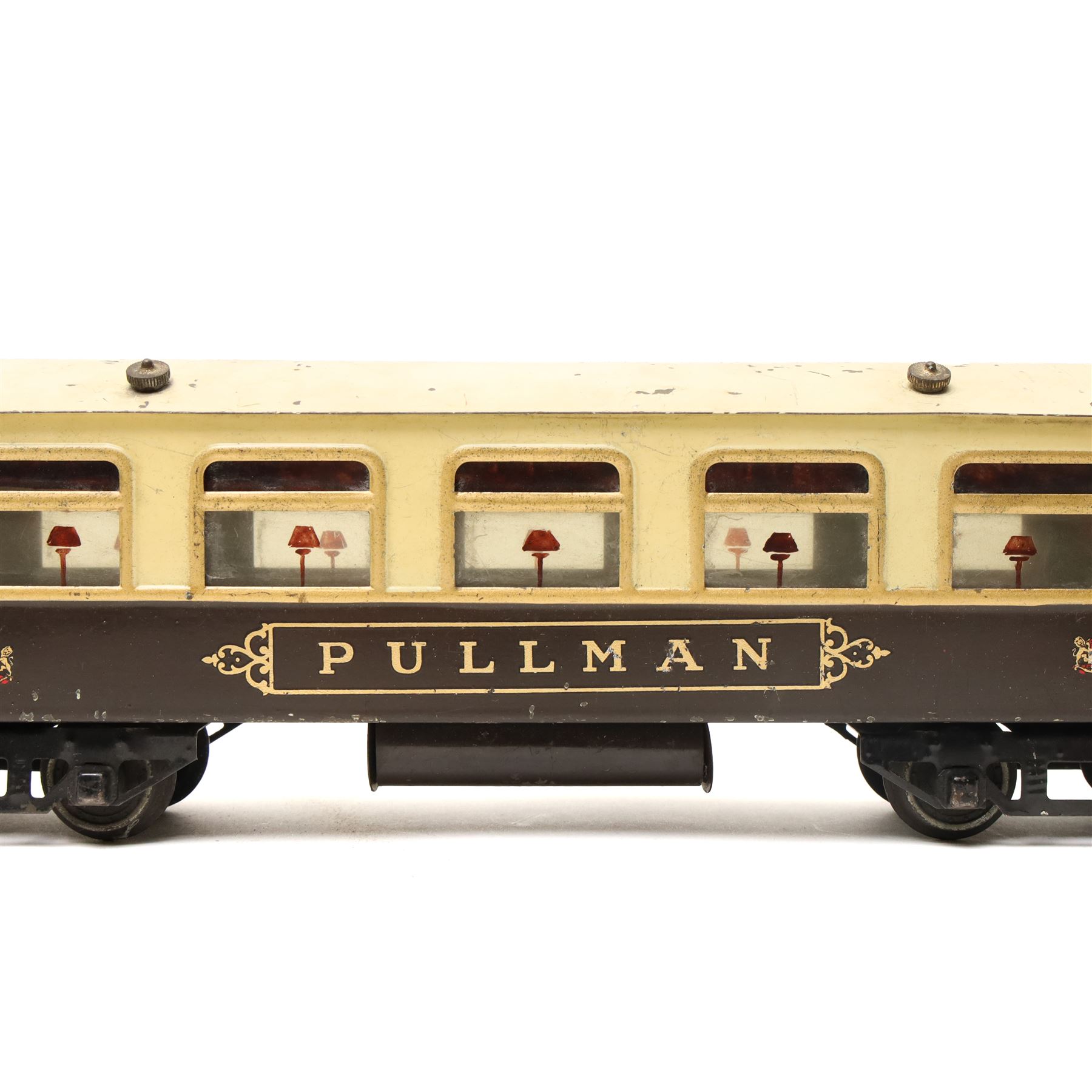 Hornby O gauge Parlour Car 'Grosvenor', a Hornby Pullman coach and a vintage Crumpsall biscuit tin in the form of a trunk