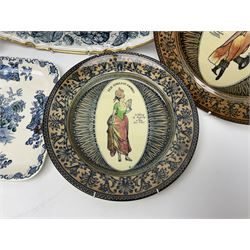 Copeland Spode blue and white meat platter with gilt edge, together with a pair of Royal Doulton Old English Sayings plates, and two Masons serving plates, each with stamped mark beneath, platter L44cm
