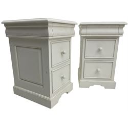 Pair of white painted bedside chests, fitted with secret top drawer, above two short drawers, on bracket feet