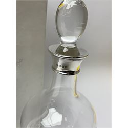 A silver mounted Dartington clear glass decanter, the body of ovoid form with tapering neck upon a spreading circular foot, the silver collar with engraved dedication, hallmarked J.A Campbell, London 1998, with box. 