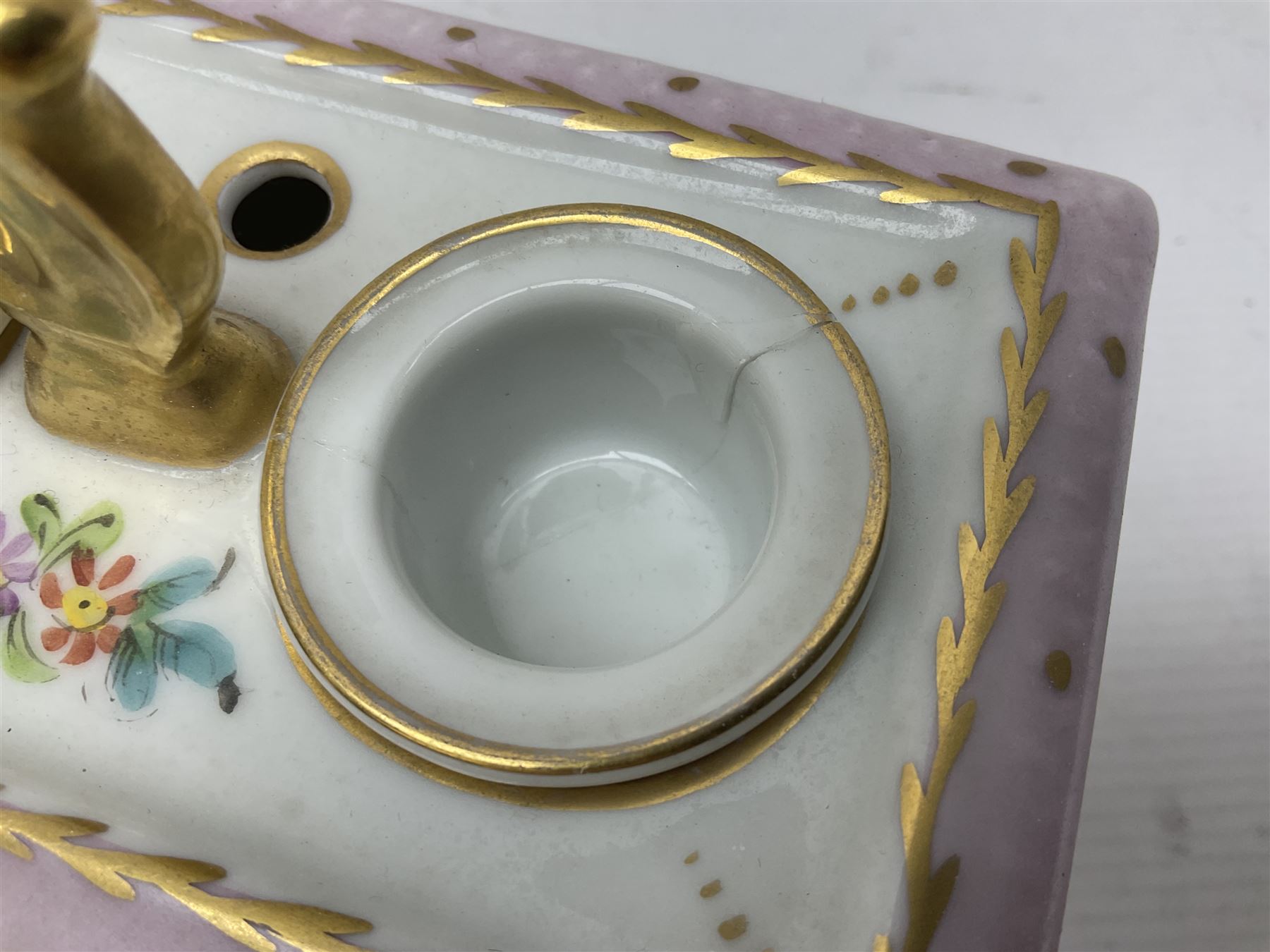 Limoges France hand painted ink well pot stand with lion paw feet, together with  pot pourri vase and cover in the shape of an egg raised on three scroll feet, ink well H14cm 