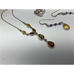 Collection of vintage and later costume jewellery, including animal brooches, beaded necklaces etc, together with a modern silver Baltic amber necklace and three pairs of silver earrings