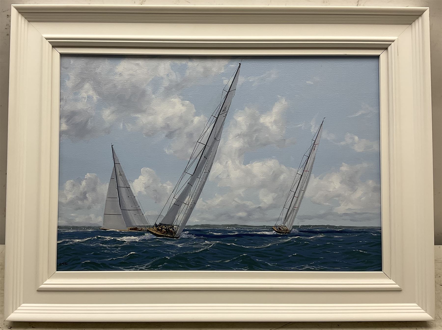 James Miller (British 1962-): 'J Class Regatta - Falmouth 2015', oil on canvas signed, titled verso 31cm x 47cm