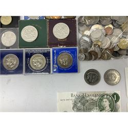 Great British and World coins including Queen Victoria 1887 and 1888 double florins, King George V 1929 halfcrown, King George VI 1951 Festival of Britain crown, commemorative crowns, Queen Elizabeth II 1953 nine coin set in blister pack, 1989 and 1995 two pound coins, various pre-decimal pennies and other coinage