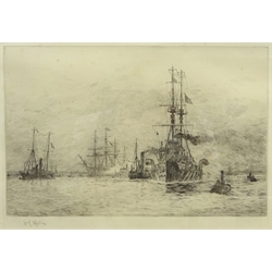 William Lionel Wyllie (British 1851-1931): 'The Last Journey' - HMS Natal leaving Portsmouth Harbour with the body of US Ambassador Whitelaw Reid, drypoint etching signed in pencil 18cm x 27cm