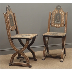  Pair 19th century Portuguese hardwood and mother of pearl and ivory inlaid chairs, one with a medieval woman depicted on the splat, the other a medieval man, W39cm, H96cm  