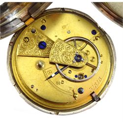 Victorian silver full hunter English lever fusee pocket watch, No. 31818, engraved balance cock with diamond endstone, white enamel dial with Roman numerals and subsidiary seconds dial, Fleur de Lys hands, engraved case by Henry Buckland, London 1868
