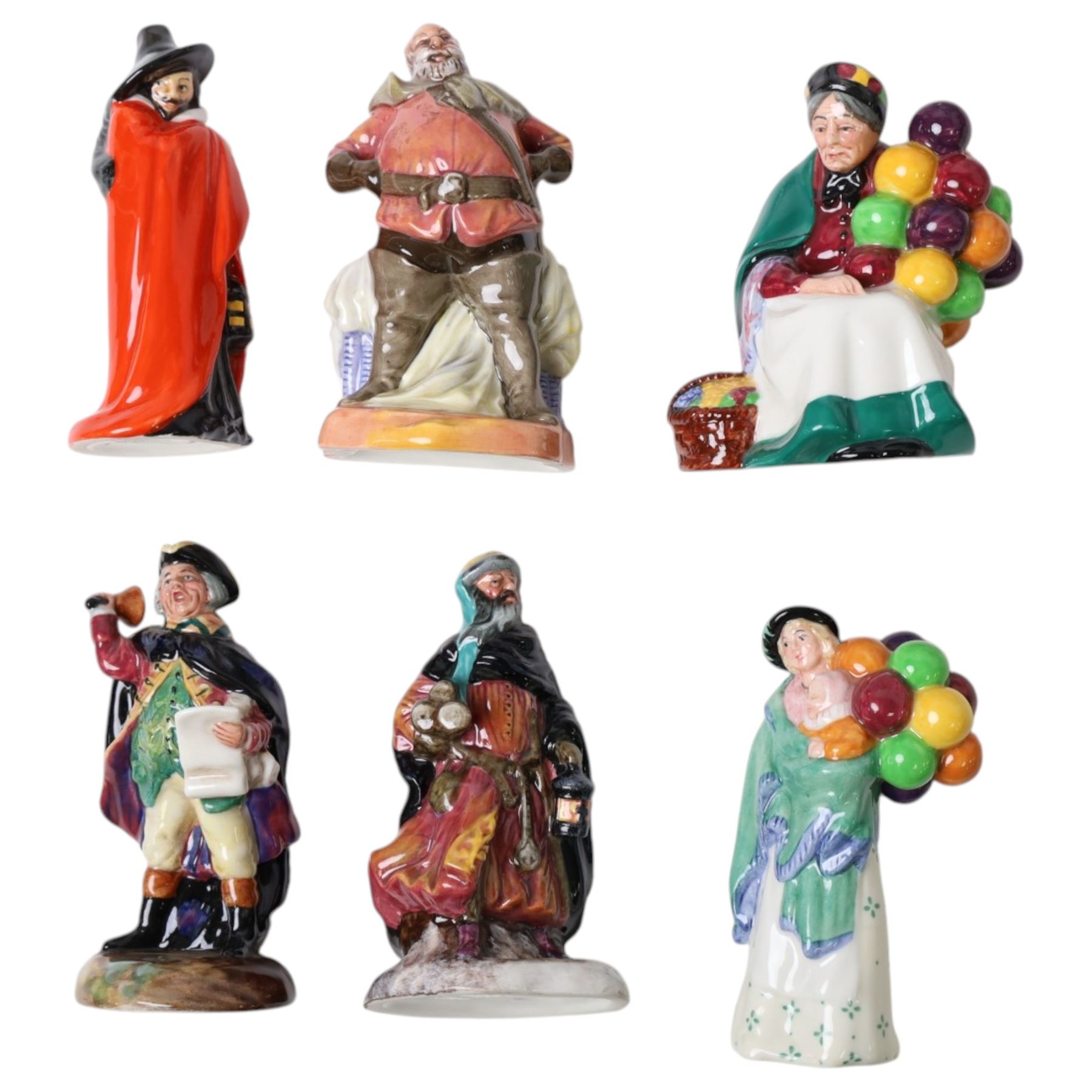 Collection of Royal Doulton figures, including miniatures The Balloon Seller HN2130, The Old  Balloon Seller HN2129, Good King Wenceslas etc, together with a Coalport figure and others 