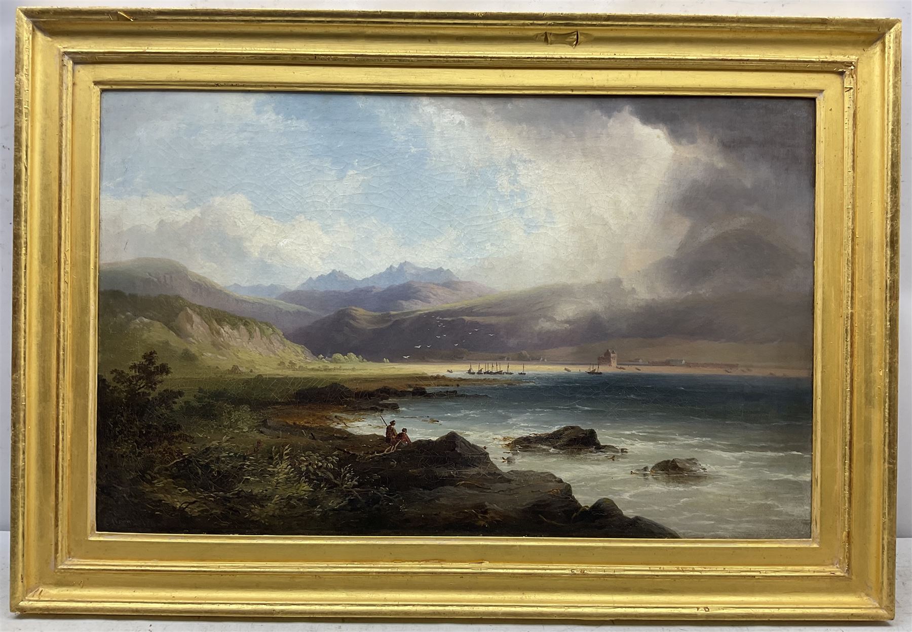 John Cairns (Scottish fl.1845-1870): 'Lochranza - Isle of Arran', oil on canvas, signed and titled with artist's Edinburgh address on original label verso 50cm x 80cm 
Provenance: private collection, purchased Shapes Auctioneers Edinburgh 27th April 2002 Lot 326