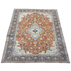  Persian Sarough red ground rug carpet, light blue medallion repeated in border guards, interlacing field, decorated with flower heads, 342cm x 256cm  