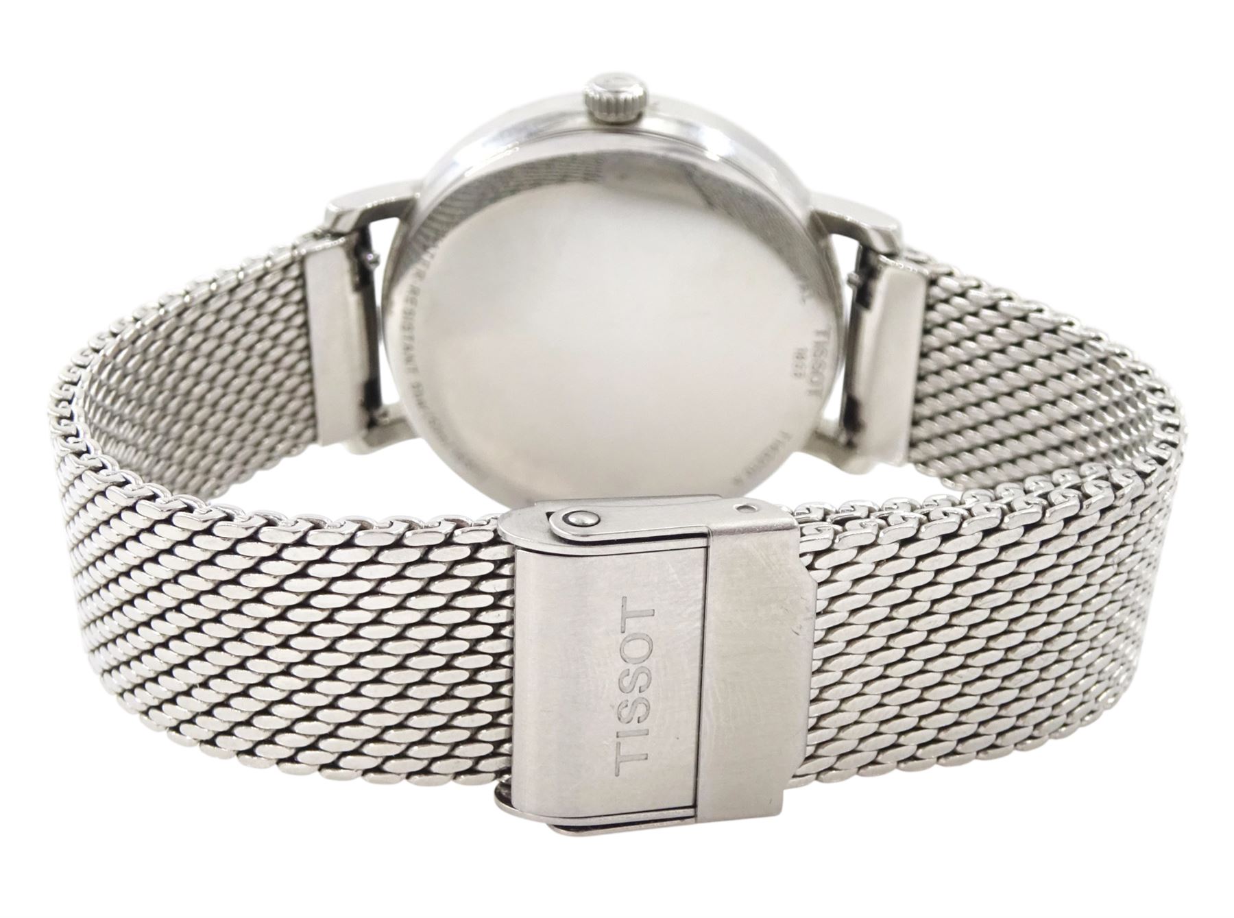 Tissot Everytime ladies stainless steel quartz wristwatch, Ref. 143210, silvered dial with baton hour markers, on integral interchangeable bracelet, boxed
