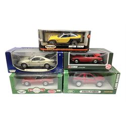 Five 1:18 scale die-cast models - Corgi 1963 MGB Roadster; Britains Collectibles Triumph TR6; Ertl Collectibles Freelander Land Rover; Matchbox Collectibles Jeep Jeepster; and Motor Max 2002 Mercedes-Benz CLK; all boxed (5)
