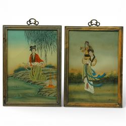 Pair of Chinese reverse glass paintings of ladies in landscapes, Republic period, includin...