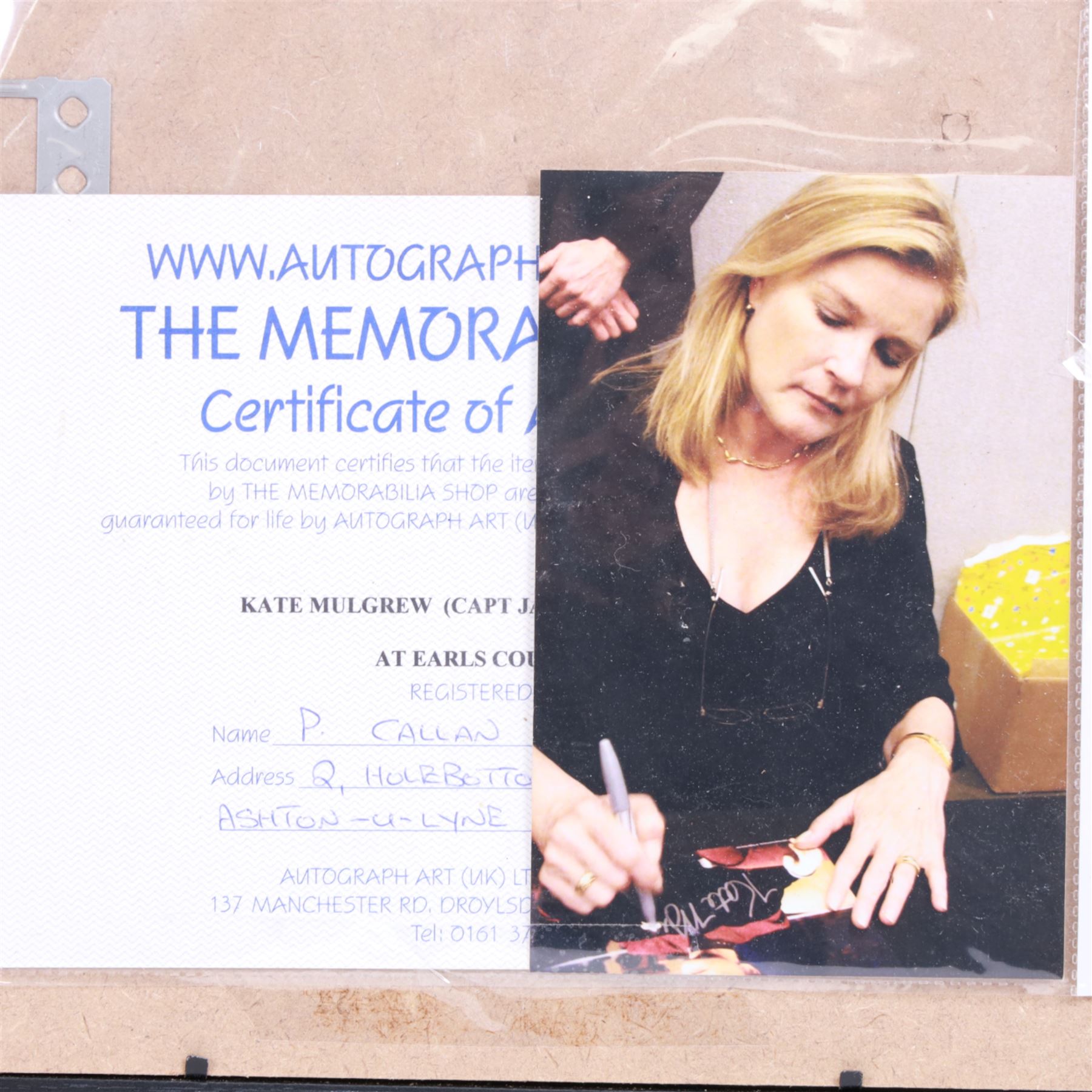 Star Trek Generations 'Two Captains, One Destiny' William Shatner (Captain James T Kirk) and Patrick Stewart (Captain Jean Luc Pickard) limited edition signed photographs, on wooden display board with plaque, limited edition no. 39/995, together with a framed Kate Mulgrew (Captain Janeway) signed photograph, tallest frame H42cm