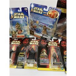 Star Wars - Episode 1 eleven Hasbro action figures, ten with CommTech chip, including two x Obi-Wan Kenobi, Battle Droid, Anakin Skywalker, four x Darth Maul (one Deluxe), Jar Jar Binks and two x Qui-Gon Jinn; together with five Attack of the Clones figures including Obi-Wan Kenobi, Count Dooku, Kit Fisto, Jango Fett and Mace Windu; and an Empire Strikes Back figure of Darth Vader; all in unopened blister packs (17)
