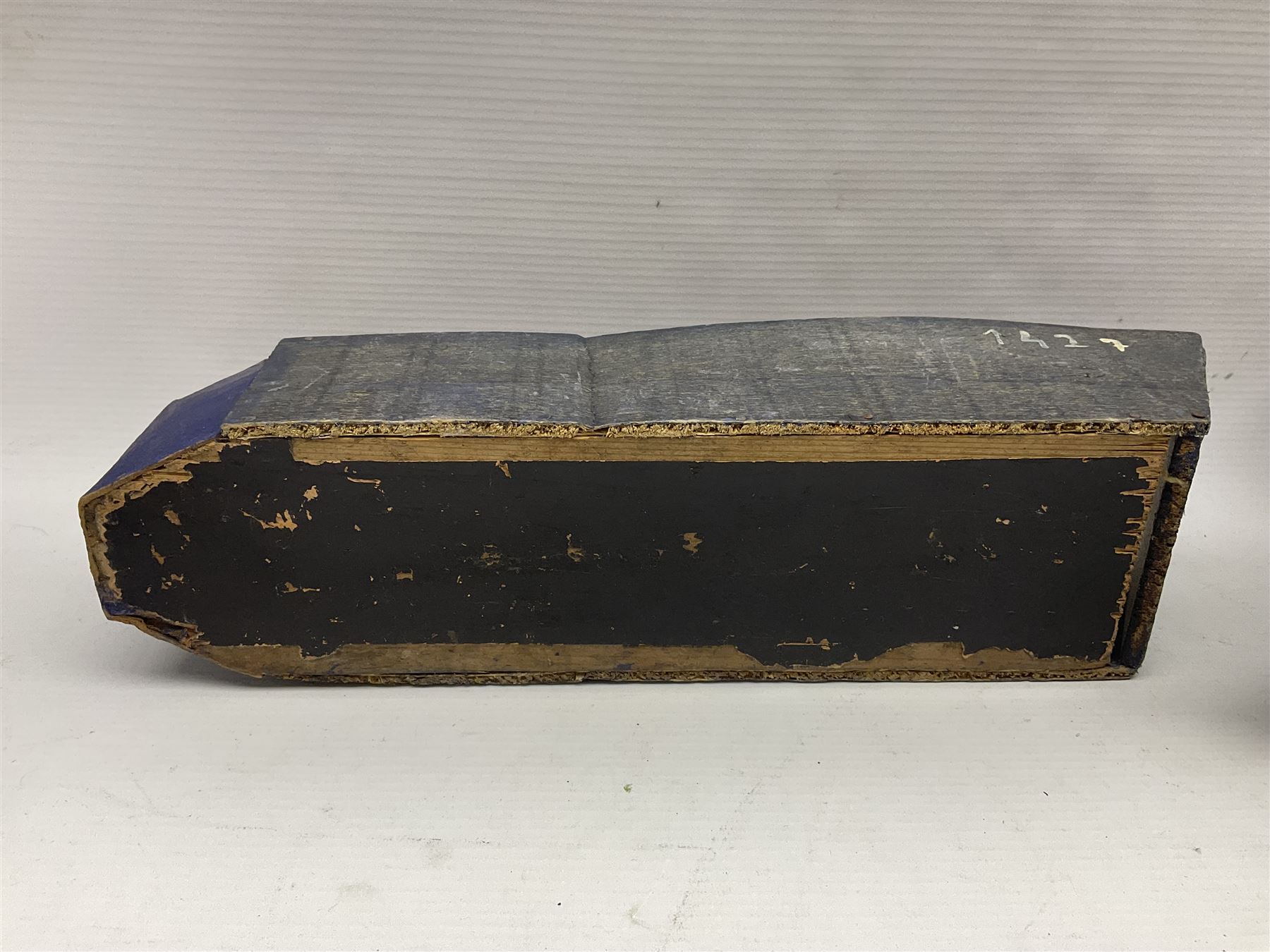 1940s French wooden eight wheel model FFI free tank, painted in brown camouflage, together with a 1940s wooden scratch built model of a landing craft, tank H18cm, W31cm