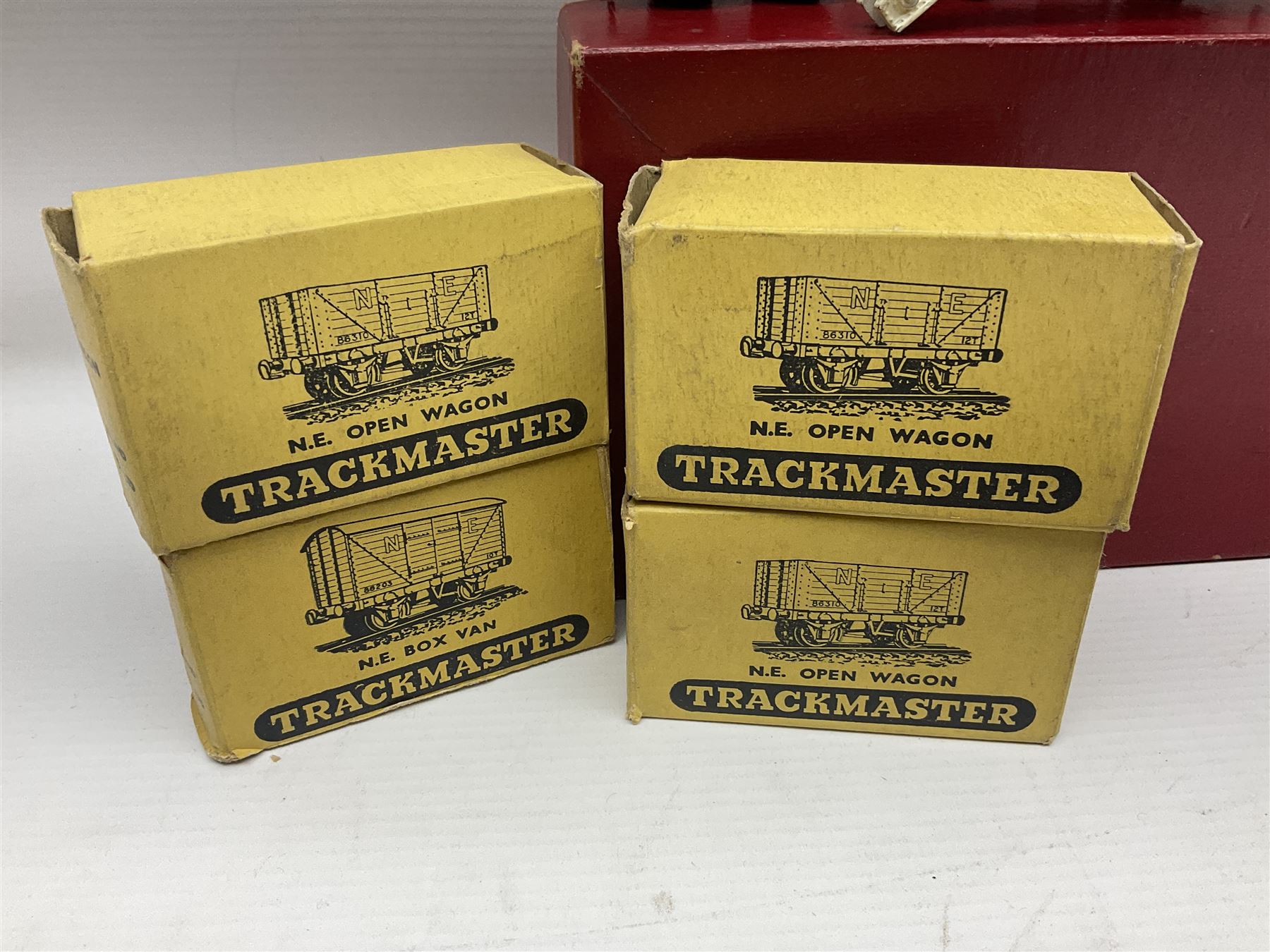 Hornby Dublo - 4620 Breakdown Crane No.133 in red with Match Trucks; boxed; another unboxed 4620 Breakdown Crane No.144 in black 'Cowans Sheldon' with Match Trucks; and nine Trackmaster goods wagons comprising three GW Open Wagons, two GW box vans, three NE Open Wagons and one NE Box Van; all boxed (11)