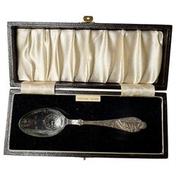 Silver cigarette case and birth record spoon, together with a silver plated hip flask