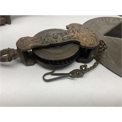 Two 19th century copper tankards, one with weighted wooden base, together with copper and wooden mechanical bellows, sundial and other metalware 