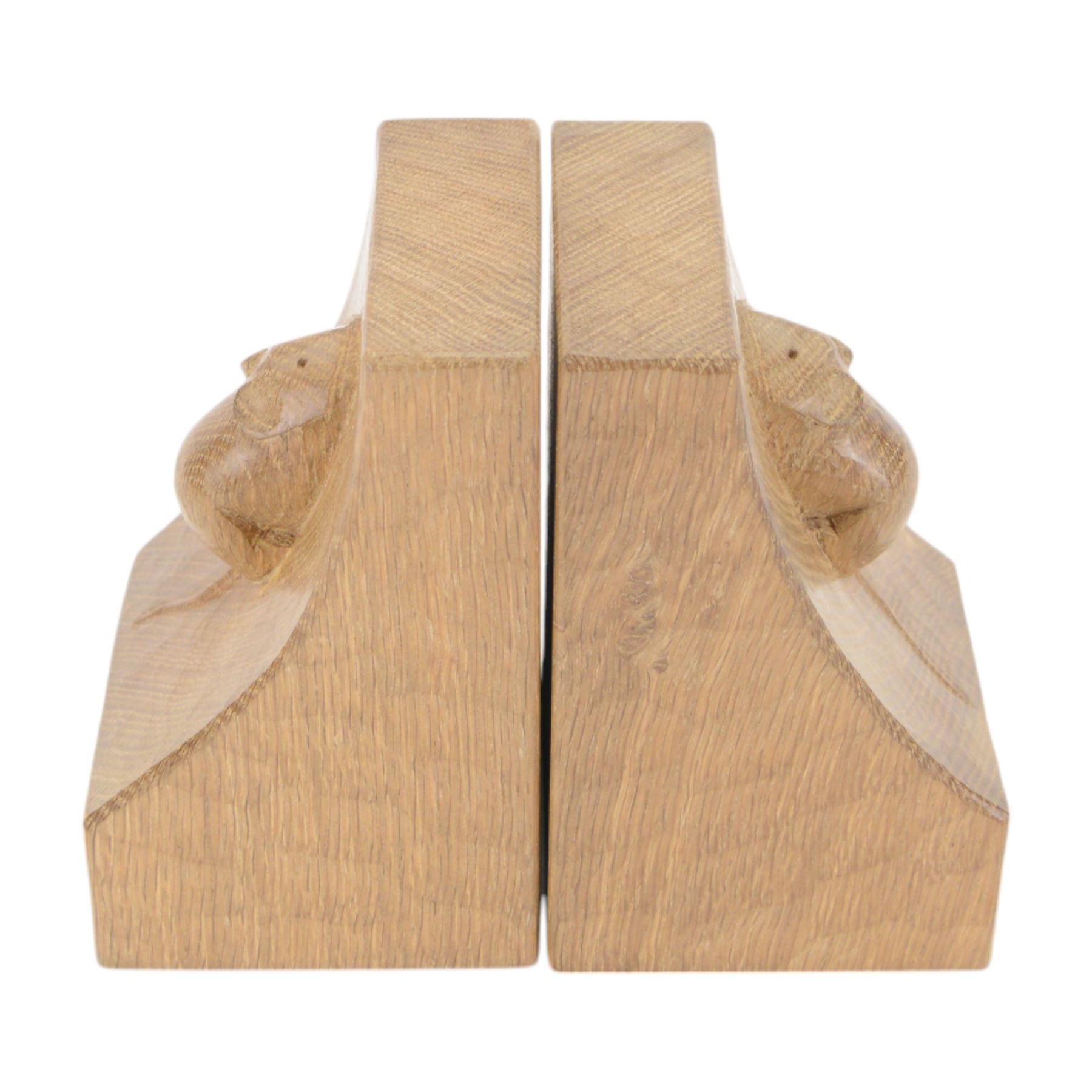 Mouseman - pair of tooled oak bookends, curved form and carved mouse signature, by the workshop of Robert Thompson, H15cm