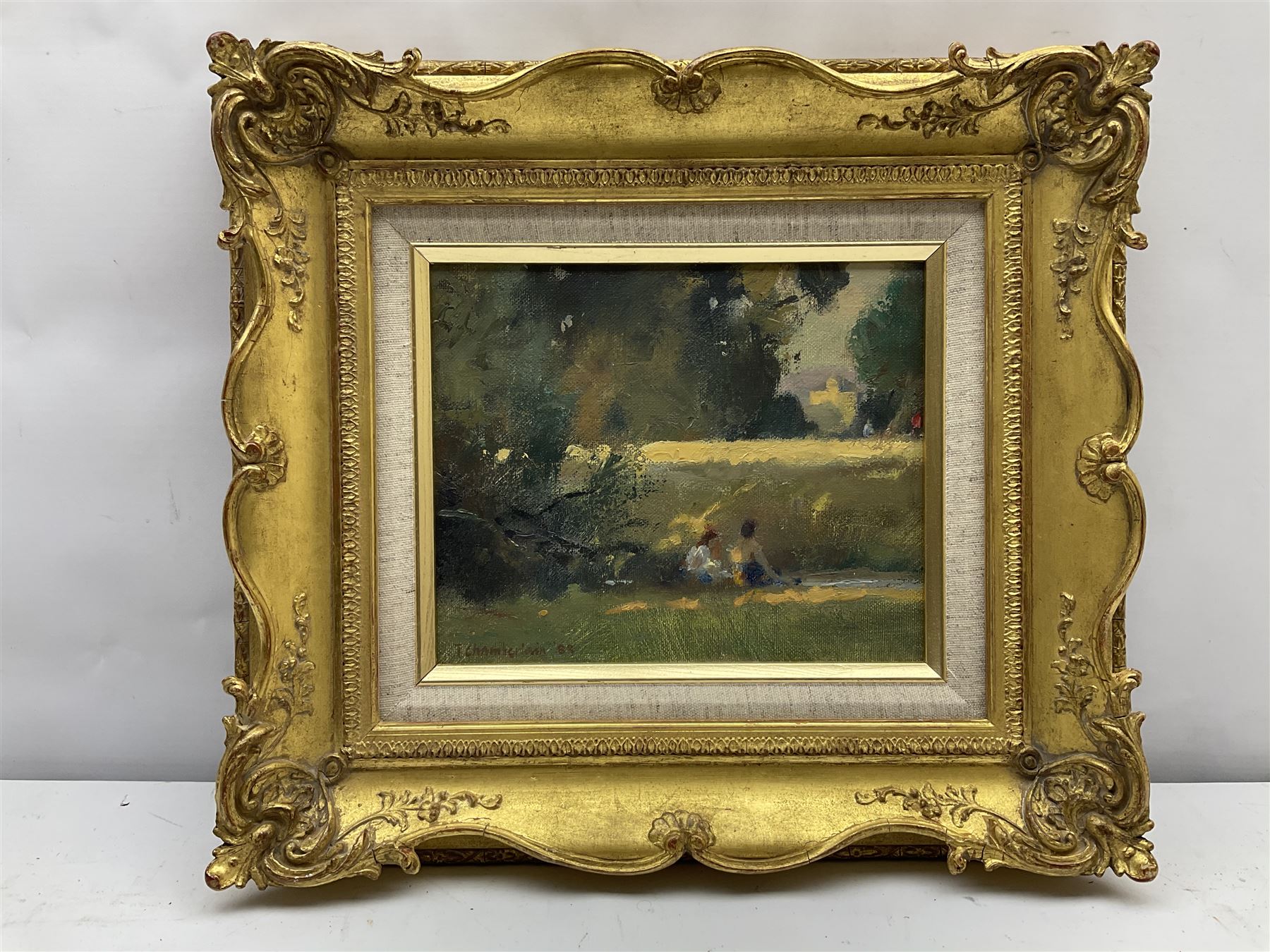 Trevor Chamberlain (British 1933-): 'Summer Day', oil on canvas board signed and dated '83, titled verso with artist's address 16cm x 20cm