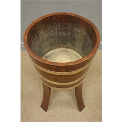  Edwardian coopered teak jardiniere, copper bound circular body on four outsplayed angular supports, stamped Alex Hamilton 'Tubs for Shrubs' RD.433107 for 1904-5, H70cm, D40cm    
