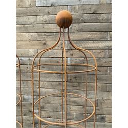 Pair of Country House wrought iron garden obelisks with ball finial, raise in four tiers