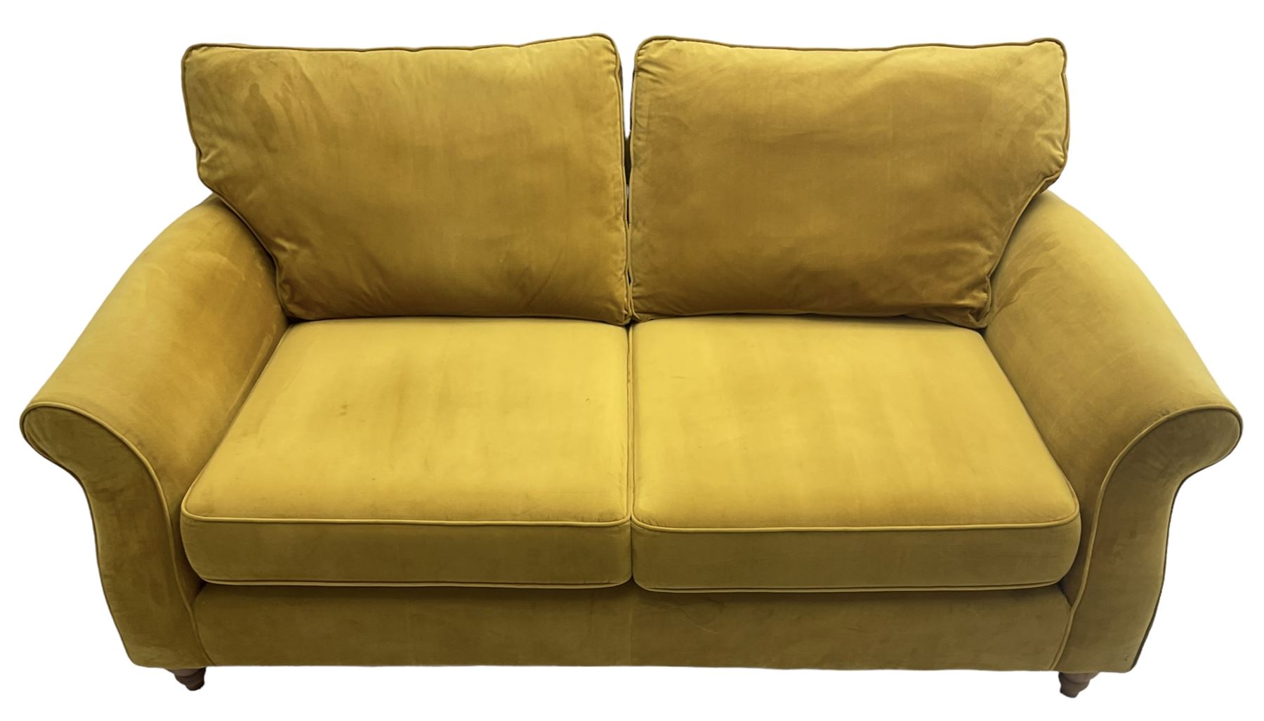 Next Furniture - traditional shaped three-seat sofa, upholstered in mustard velvet, rolled arms with pipping, on turned front feet