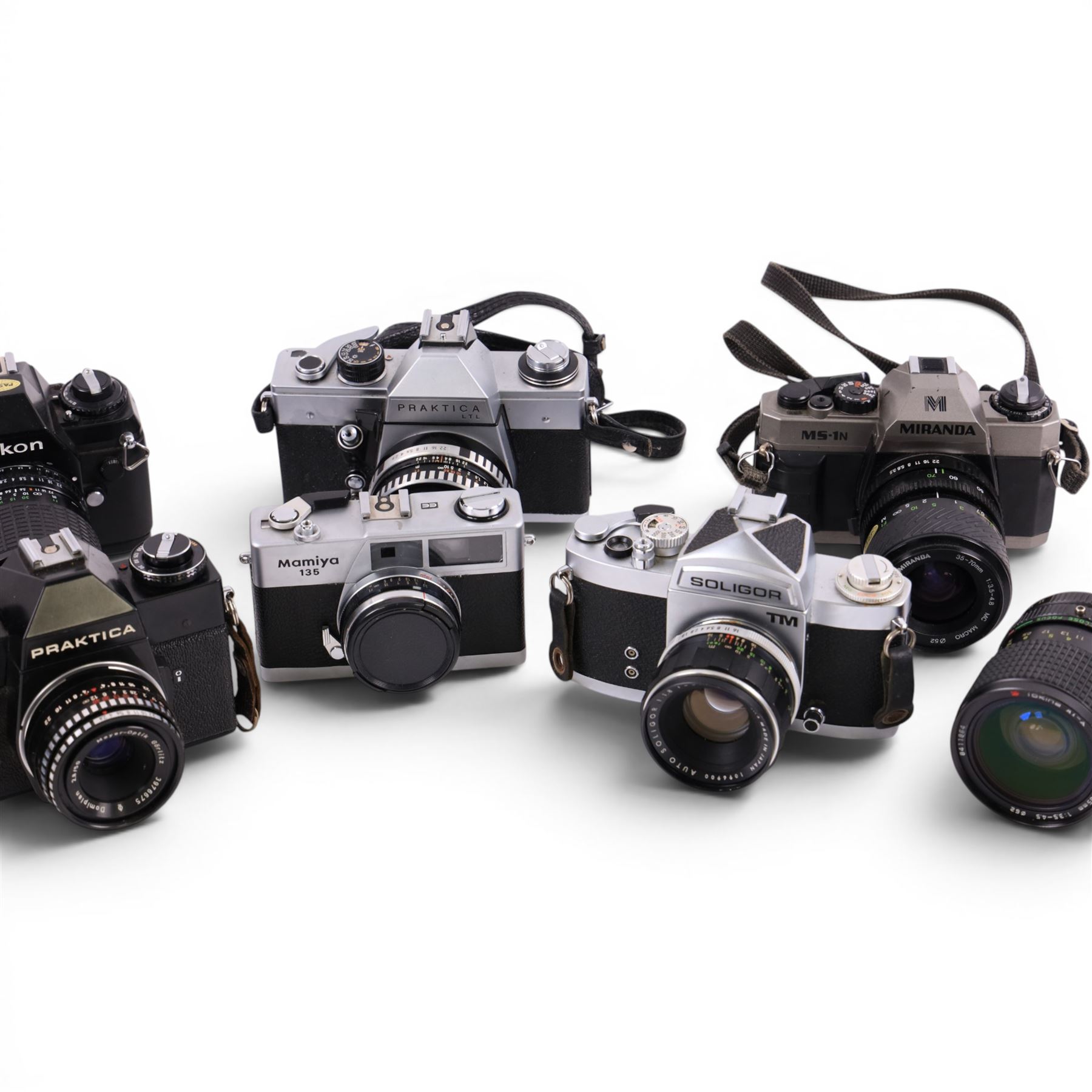 Collection of cameras, including Nikon F-301, Mamiya 135, Praktica LTL, Miranda M5-1N, Soligor TM, etc, with Sigma Zoom Master 1:2.8-4, f=35-70mm lens, Tokina 28-85mm 1:3.5-4.5 lens, etc