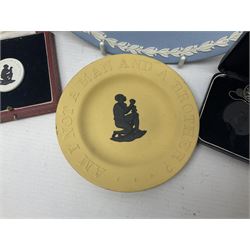Group of William Wilberforce Abolition of Slavery items, comprising Wedgwood black on cane Jasperware pin tray, Wedgwood light blue Jasperware plate, and two Wedgwood oval medallion pendants, each depicting a kneeling figure beneath the inscription 'AM I NOT A MAN AND A BROTHER?', an Eastgate pottery plaque decorated in relief with a kneeling figure before William Wilberforce, a Hull Museum Publications pamphlet titled 'Medals, Tokens, etc., Issued in Connection with William Wilberforce and the Abolition of Slavery', by Thomas Sheppard, dated 1916, and an antique print depicting William Wilberforce after the original portrait by George Richmond, (7)