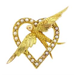 Early 20th century 15ct gold seed pearl swallow and heart brooch, in velvet and silk lined box