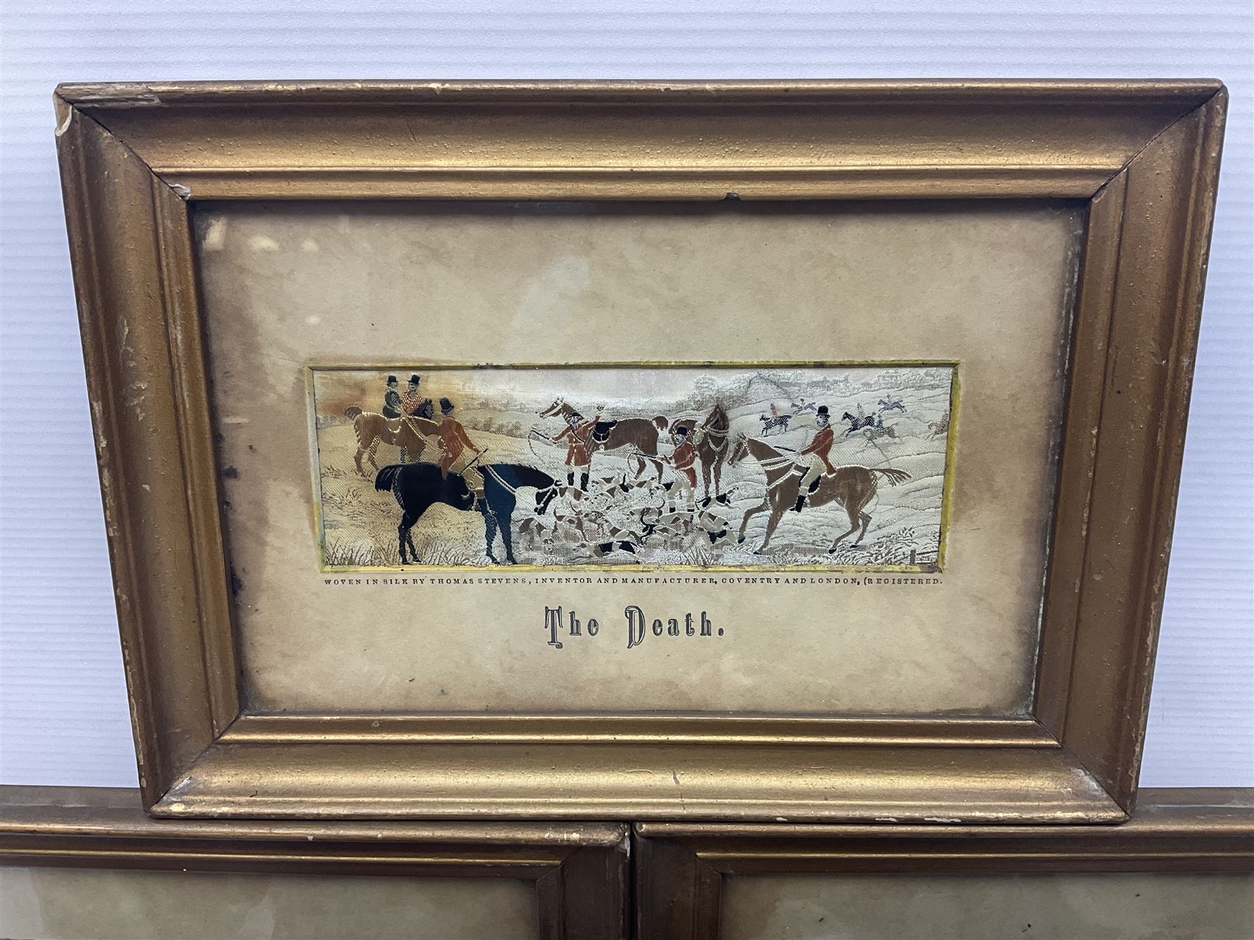 Four Royal Doulton figures, to include The Broken Lance HN 2041, The Old Balloon Seller HN 1315, The Balloon Man HN 11954 and Little Boy Blue HN 2043, together with a Coalport Ladies of Fashion figure Regina and three framed hunting silk needle works