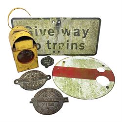 Victorian cast iron railway wagon plate, 'To Carry 10 Tons 4012, Registered by LNER-D 1898', together with a similar mid 20th century example, a smaller cast iron LMS wagon plate, Chalwyn signalling lamp, Give Way to Trains enamel sign and an enamel signal sign