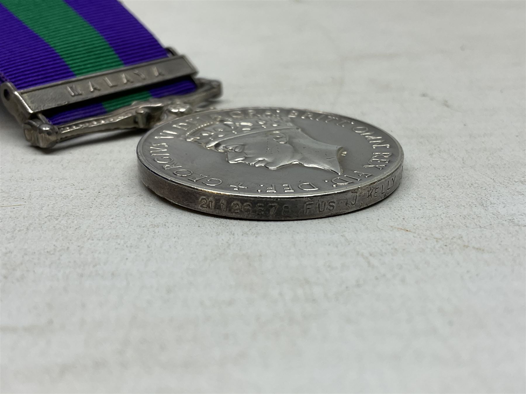 George VI General Service Medal with Malaya clasp awarded to 21126578 Fus. J. Kelly R. Innisks.; with ribbon