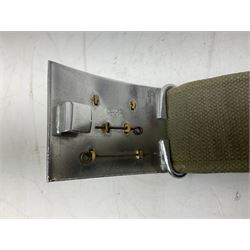 British Army Officers Sam Browne leather belt with shoulder strap; and webbing belt with Potter London Staybrite buckle for 19th Regiment of Foot (Green Howards) with various markings (2)