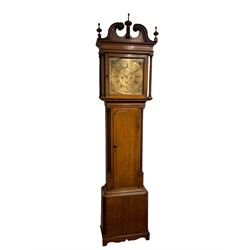 30-hour 18th century oak cased longcase clock by Jeremiah Standring of Bolton, (Lancs) c 1770, with a swan’s neck pediment on a flat top with a blind frieze beneath, square brass dial flanked by reeded pilasters and wooden capitals, long trunk door with a concave wavy top, trunk with reeded quarter columns on a rectangular plinth on a decorative skirting, dial with a formerly silvered chapter ring and engraved dial centre, with Roman numerals, five minute Arabic’s, square date aperture, circular boss engraved with the makers name, cast spandrels and “dummy” winding arbors, dial pinned directly to a rope driven countwheel striking movement, striking the hours on a bell. With weight and pendulum. 
30-hour clocks with “dummy” winding arbors are more commonly found on later 19th century painted dial longcase clocks, this is an earlier example by a recorded Lancashire clock maker born in Rochdale in 1712, dying in Bolton 1782.  

