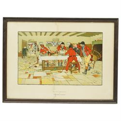 Cecil Aldin (British 1870-1935): 'Mated - a Game of Chess' 'Revoked - a Game of Cards' 'The Bull Inn' and 'Hunt at Breakfast', set of five chromolithographs, one signed max 42cm x 62cm (5)